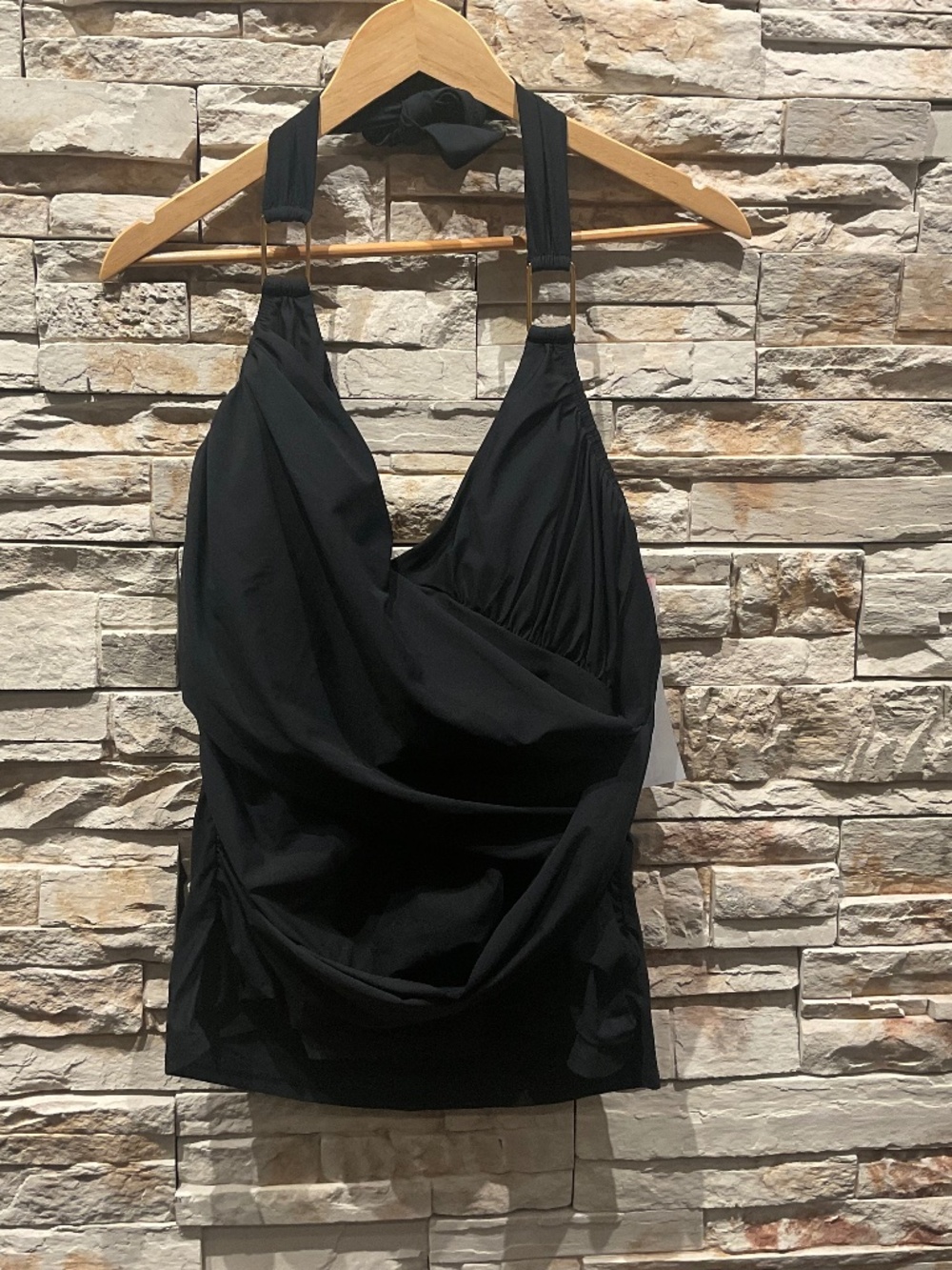 SPANX Let’s Go Slimming Whittle Waisline Draped Tankini Swim Top, Black, Size 16